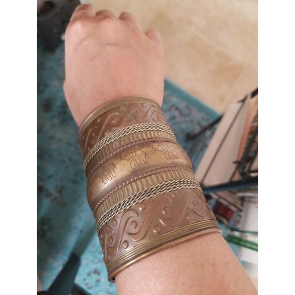 Vintage wide pure brass mixed metal cuff bracelet